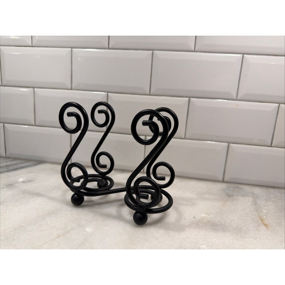 Vintage Wrought Iron Napkin Holder Scrolls Ball Feet Black 5 1/2" Tall Heavy001